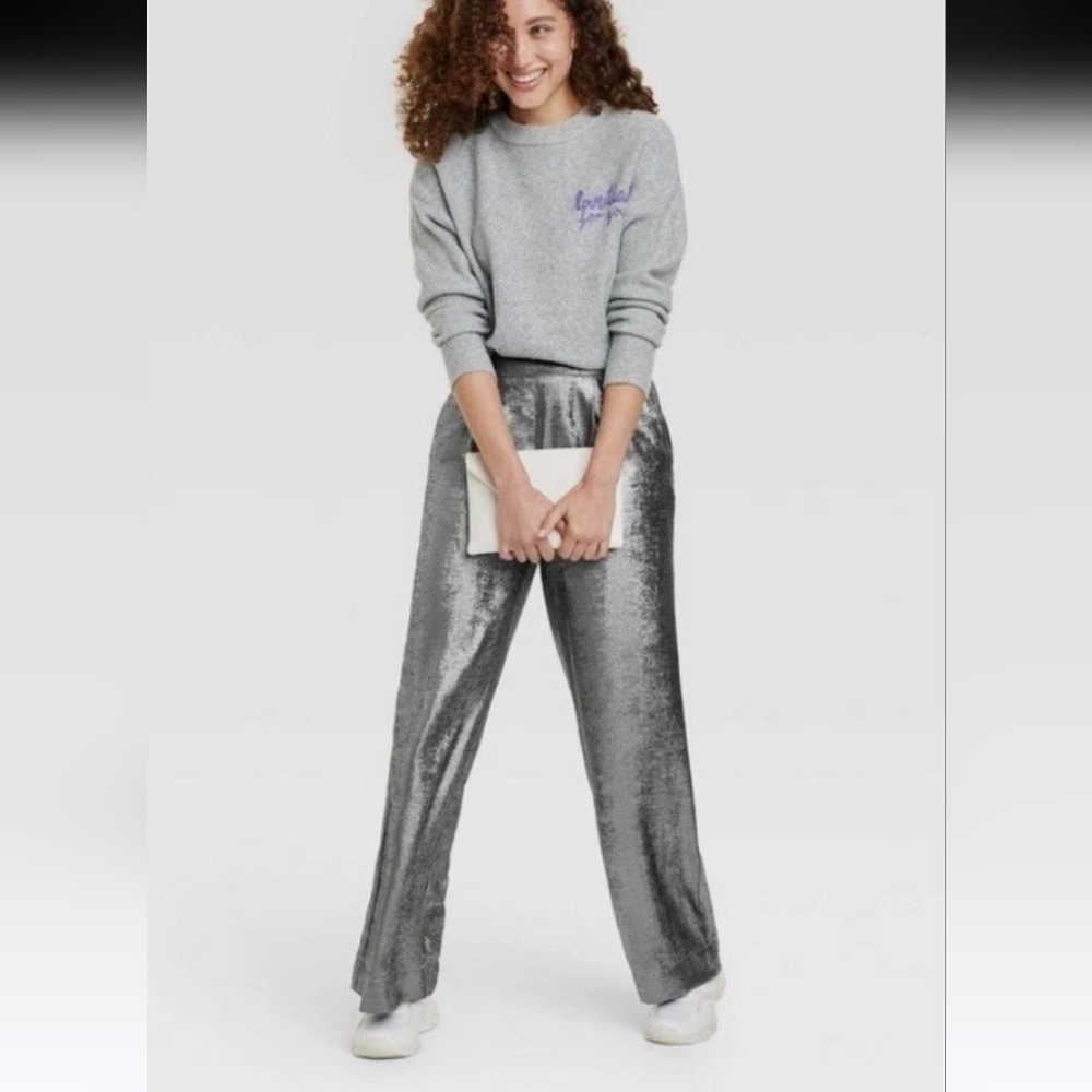 A NEW DAY Metallic Shimmer Wide Leg Pull On Trouser Pants. Silver. XS